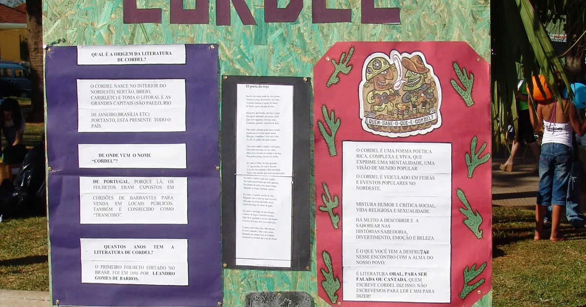 Painel com folhetos de literatura de cordel exibidos ao ar livre